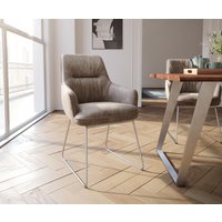 Esszimmerstuhl Zelia-Flex mit Armlehnen Mikrofaser Taupe Vintage Kufengestell Edelstahl Taschenfederkern – Bild 2