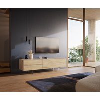 Lowboard Cuor 180 cm Keramik Laminam Sabbia Eichefarbig 1 Klappe 2 Schubfächer Fuß Schwebeoptik Acrylglas
