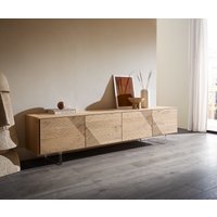 Lowboard Tereos 220 cm Eiche Natur 3D Effekt 4 Türen Fuß Schwebeoptik Acrylglas