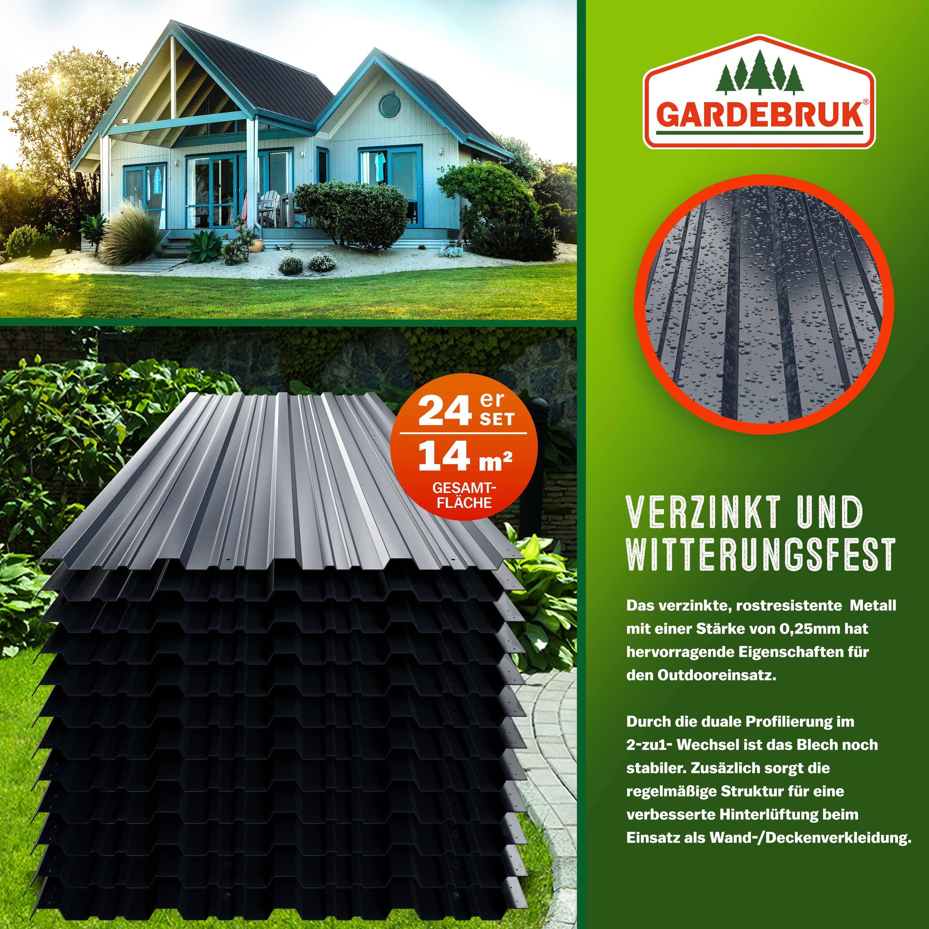 Gardebruk Trapezblech 24er-Set Anthrazit 129x46cm vorgebohrt 14m – Bild 3