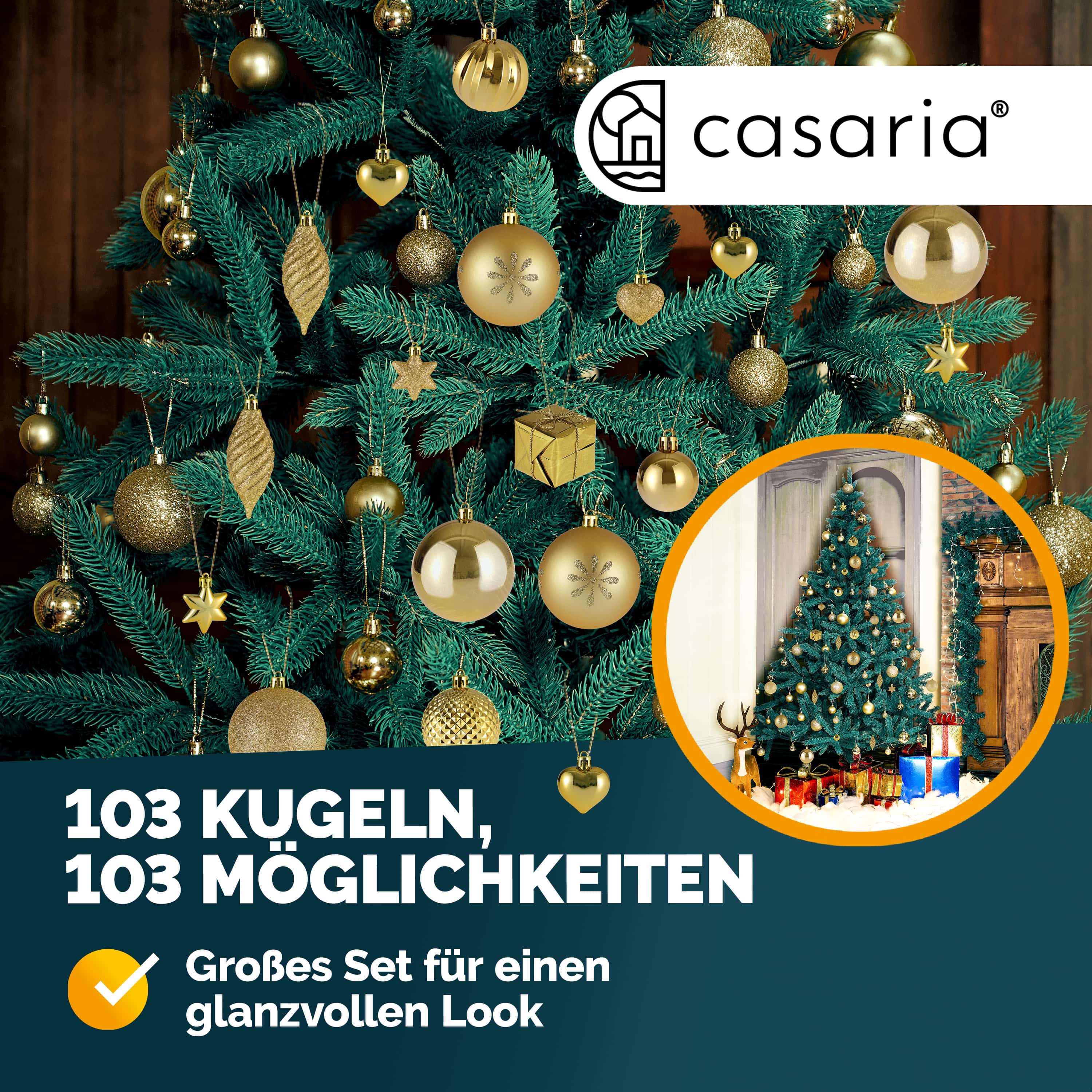 Deuba Weihnachtskugeln 103-teilig Gold bruchsicher glänzend matt glitzer – Bild 2