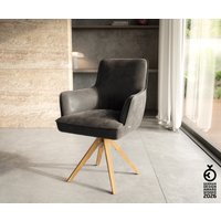 Drehstuhl Heira-Flex mit Armlehnen Mikrofaser Anthrazit Vintage Holzgestell kantig Natur 360 drehbar Taschenfederkern