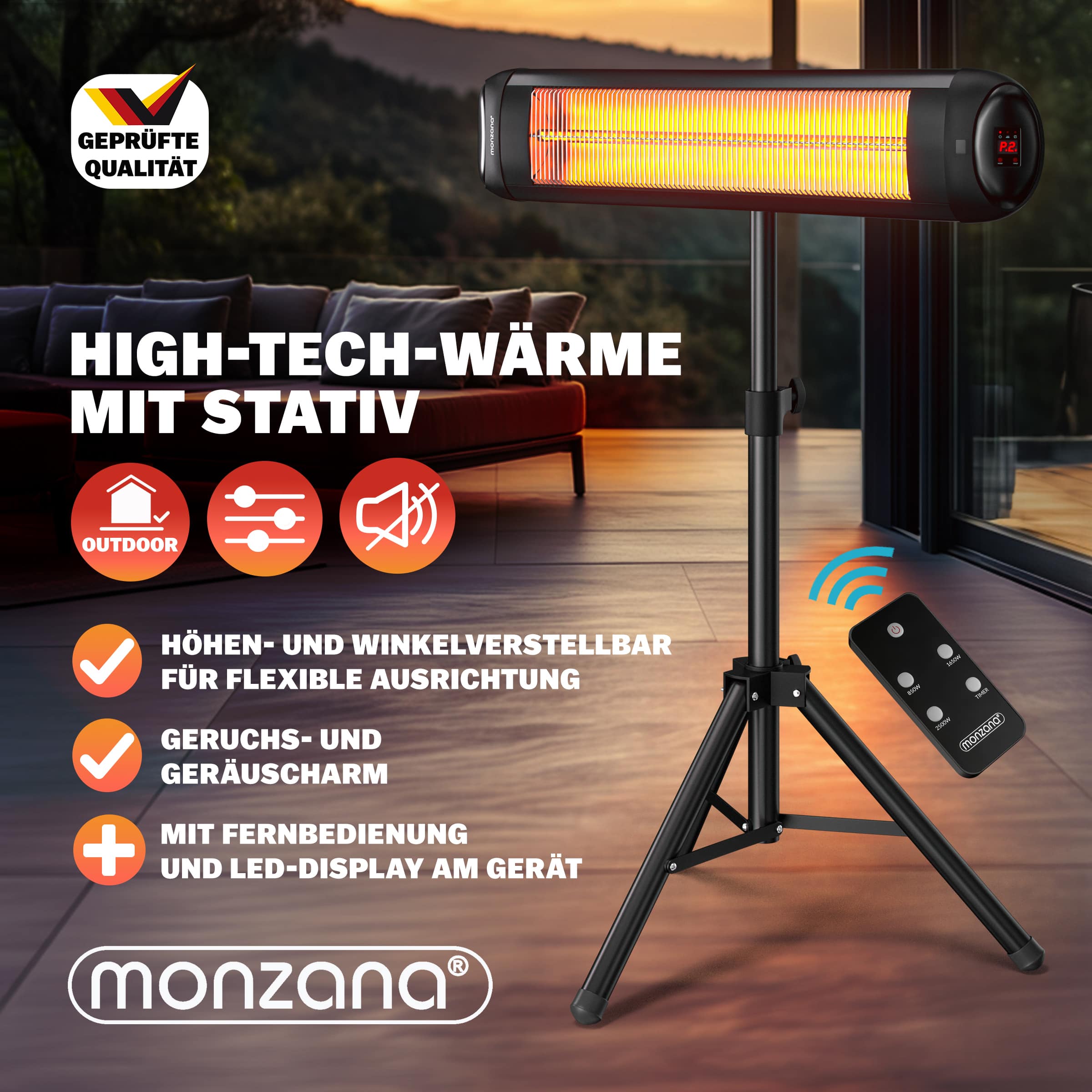 monzana Heizstrahler MZH2500 Schwarz 2500W 90 verstellbar mit Ständer – Bild 3
