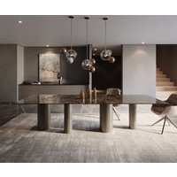 Esstisch Edge 300x100 Keramik Emperador Extra Lucidato Dunkelbraun Pilier Metall Effektfinish Titan