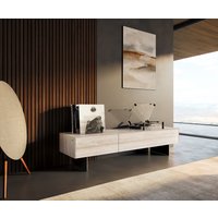 Lowboard Cuor 150 cm Keramik Laminam Travertino Bianco Creme-Weiß 1 Klappe 1 Schubfach Fuß Schwebeoptik Metall Schwarz – Bild 2