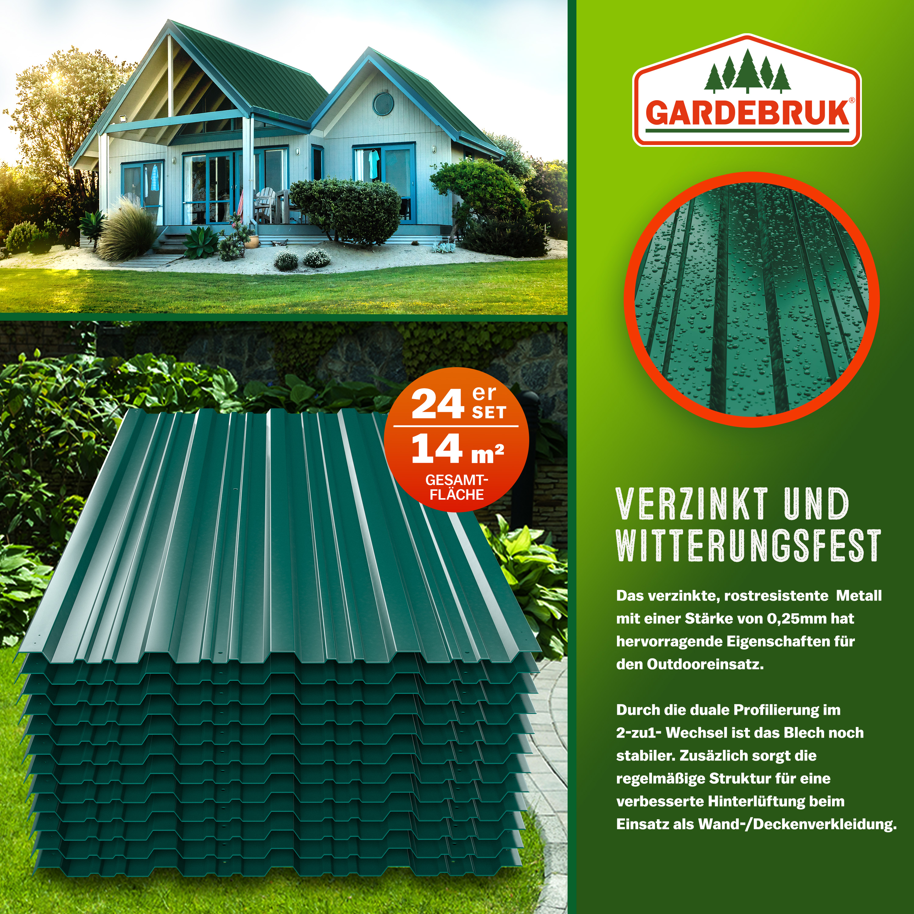 Gardebruk Trapezblech 24er-Set Grün 129x46cm vorgebohrt 14m – Bild 3
