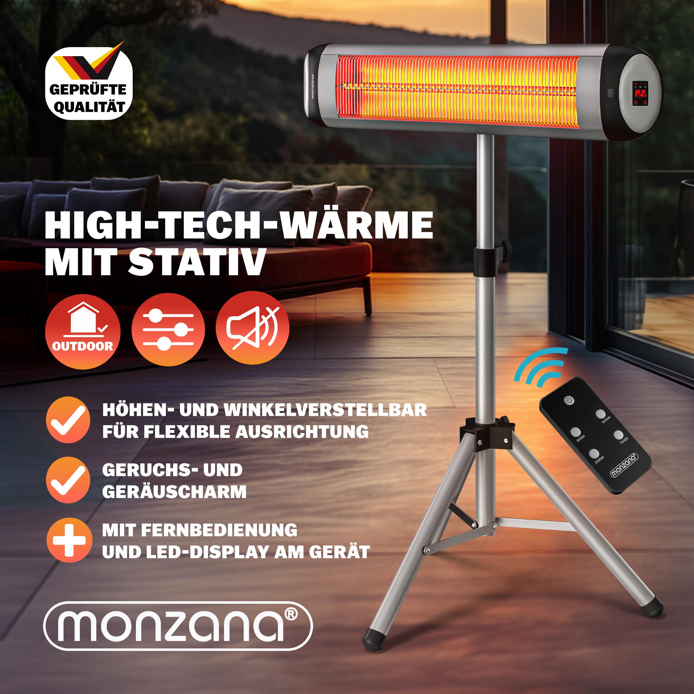 monzana Heizstrahler MZH2500 Silber 2500W 90 verstellbar mit Ständer – Bild 3