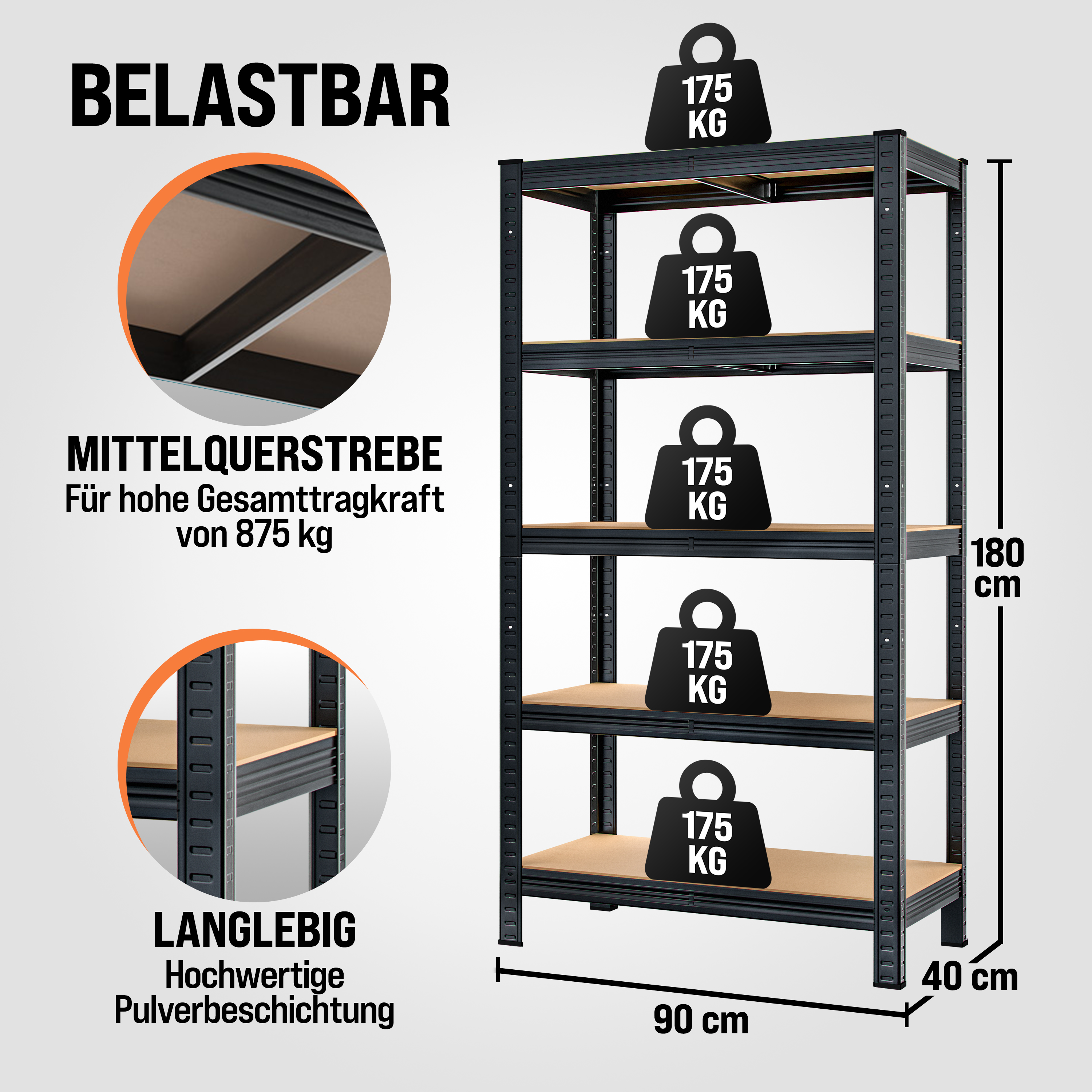 monzana Schwerlastregal 2er-Set Schwarz 180x90x40cm pulverbeschichtet je 875kg – Bild 3