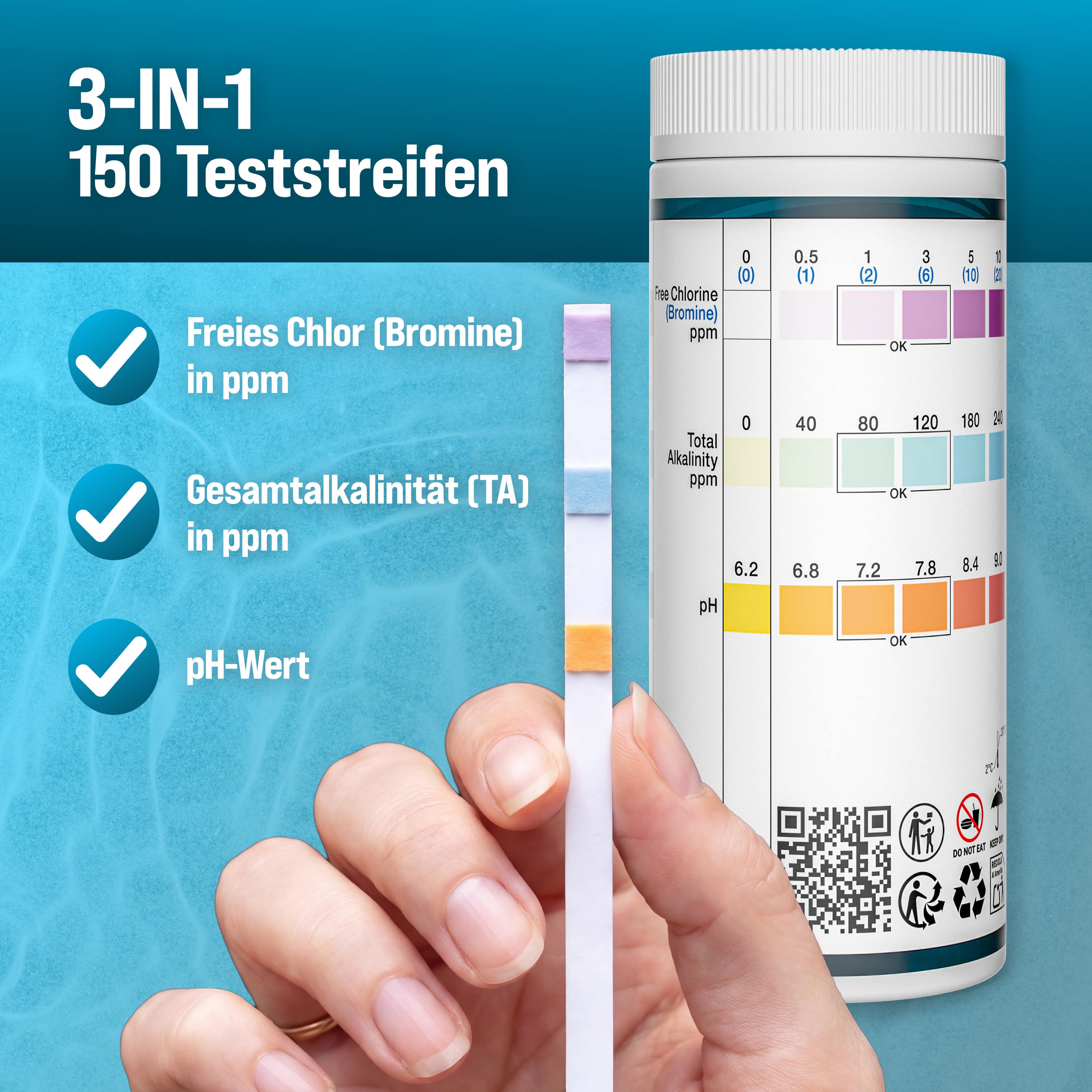 monzana Pool Teststreifen 3in1 Wassertester 150 Stück für Pool Schwimmbad Whirlpool Spa chemisch pH Chlor Alkalinität – Bild 2