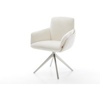 Drehstuhl Luan-Flex mit Armlehnen Bouclé Soft Beige Kreuzgestell breit Edelstahl 360 drehbar Wippfunktion
