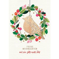 CACTUS Weihnachtskarte, Kranz & Vogel, mit Holzapplikation – Bild 2