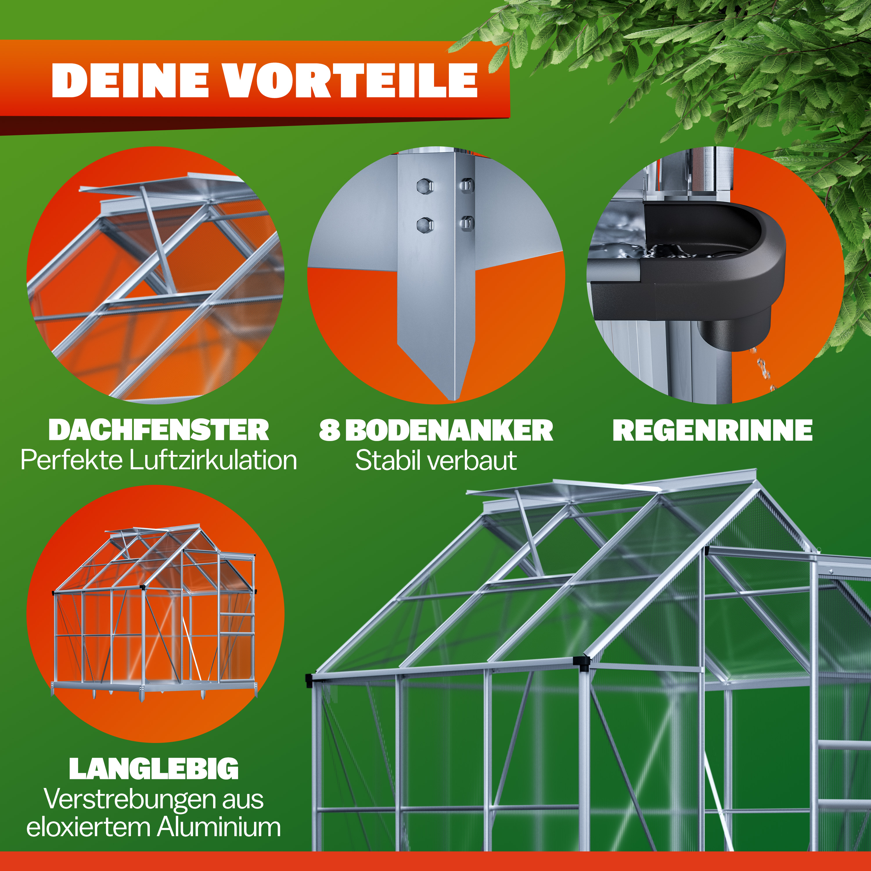Gardebruk Alu Gewächshaus 190x190x195cm mit Fundament – Bild 3