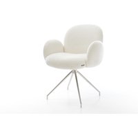 Esszimmerstuhl Nube-Flex mit Armlehnen Bouclé Soft Beige Kreuzgestell konisch Edelstahl Taschenfederkern
