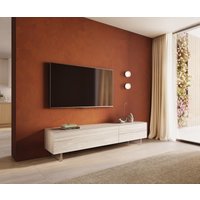 Lowboard Cuor 220 cm Keramik Laminam Travertino Bianco Creme-Weiß 1 Klappe 2 Schubfächer Fuß Schwebeoptik Acrylglas – Bild 2
