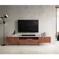 Lowboard Secara 220 cm Akazie Braun 2 Türen 2 Schübe Marmor Füße Schwarz