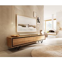 Lowboard Stonegrace 200 cm Eiche Natur 4 Türen Steinfurnier V-Fuß Metall Schwarz
