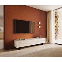 Lowboard Cuor 220 cm Keramik Laminam Travertino Bianco Creme-Weiß 1 Klappe 2 Schubfächer Fuß Schwebeoptik Metall Schwarz