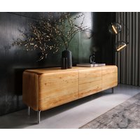 Lowboard Shavani 175 cm Akazie Natur 2 Türen 2 Schubladen L-Fuß Edelstahl Silber