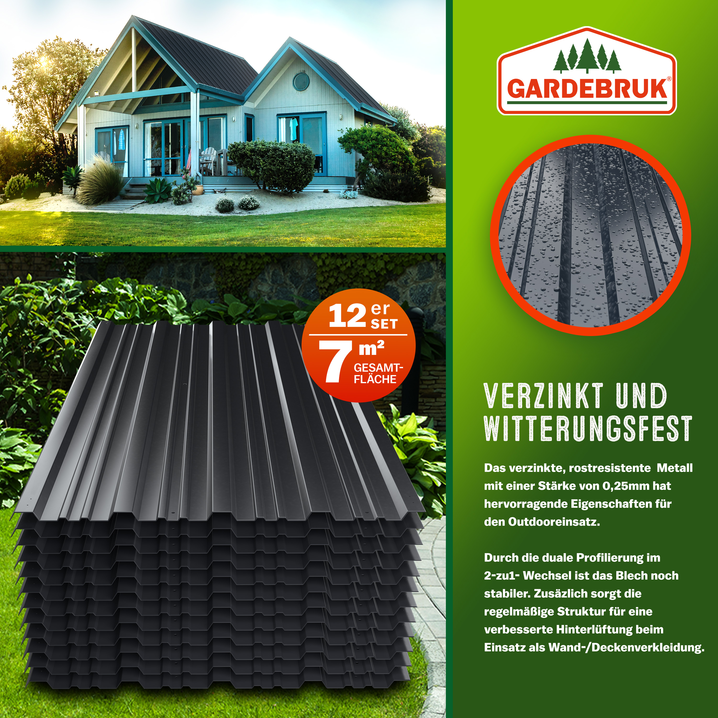 Gardebruk Trapezblech 12er-Set Grau 129x46cm gelocht 7m – Bild 3