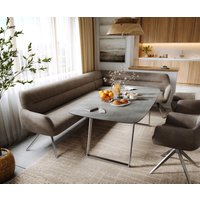 Esszimmerbank Taya-Flex 285x190 cm Mikrofaser Taupe Vintage Kreuzgestell kantig Edelstahl Taschenfederkern Rechts