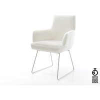 Esszimmerstuhl Heira-Flex mit Armlehnen Bouclé Soft Beige Kufengestell Edelstahl Taschenfederkern