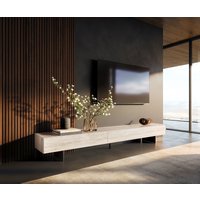 Lowboard Cuor 250 cm Keramik Laminam Travertino Bianco Creme-Weiß 1 Klappe 1 Schubfach Fuß Schwebeoptik Metall Schwarz – Bild 2