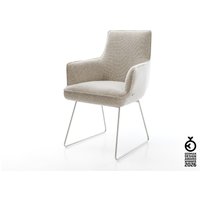 Esszimmerstuhl Heira-Flex mit Armlehnen Webstoff Soft Beige Kufengestell Edelstahl Taschenfederkern