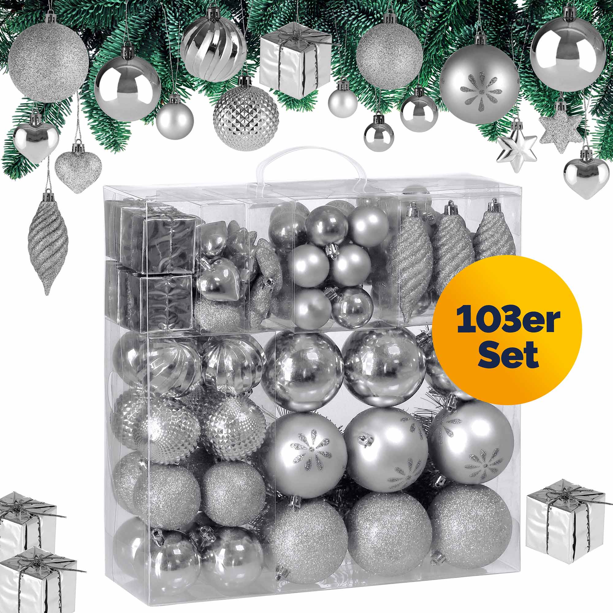 Deuba Weihnachtskugeln 103-teilig Silber bruchsicher glänzend matt glitzer – Bild 2