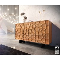 Sideboard Solu 145 cm Akazie Natur 2 Türen 3 Schübe Fuß schwebend Metall Schwarz 3D-Front