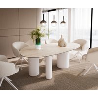 Esstisch Edge Oval 220x120 Keramik Laminam Travertino Bianco Creme-Weiß Troa Metall Weiß