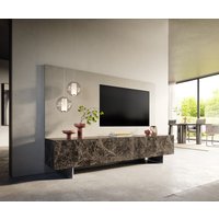 Lowboard Cuor 220 cm Keramik Emperador Extra Lucidato Dunkelbraun 1 Klappe 2 Schubfächer Fuß Schwebeoptik Edelstahl