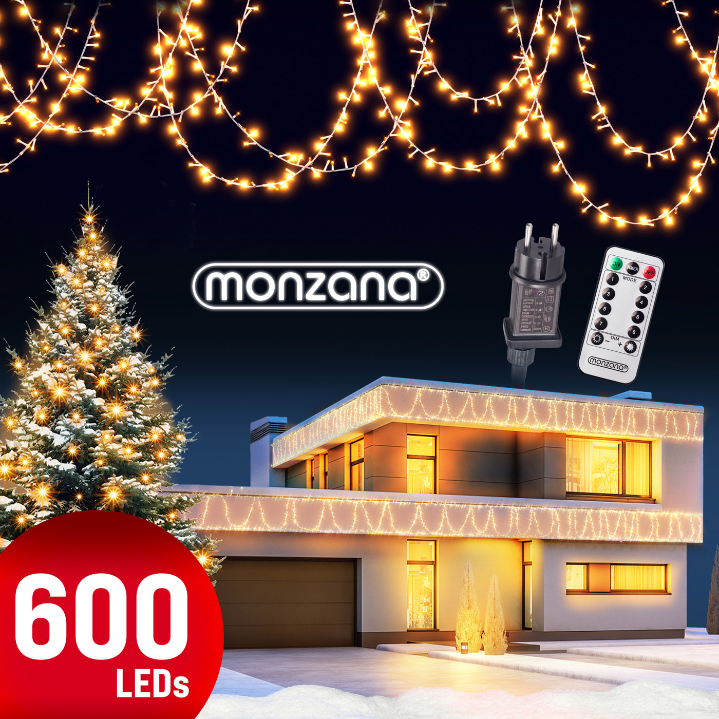 monzana Lichterkette Weihnachten Warmweiß 60m transparent Fernbedienung – Bild 2