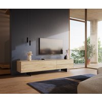 Lowboard Cuor 220 cm Keramik Laminam Sabbia Eichefarbig 1 Klappe 2 Schubfächer Fuß Schwebeoptik Metall Schwarz