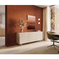 Sideboard Cuor 180 cm Keramik Laminam Travertino Bianco Creme-Weiß 2 Türen 3 Schubfächer Fuß Schwebeoptik Acrylglas