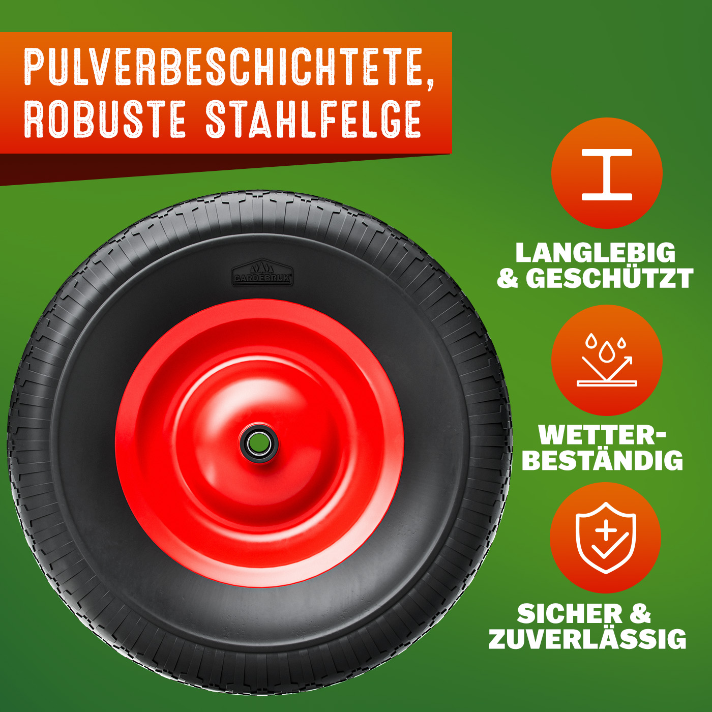 Gardebruk Schubkarrenrad Schwarz pannensicher PU-Schaum 200kg Kugellager inkl Achse – Bild 3
