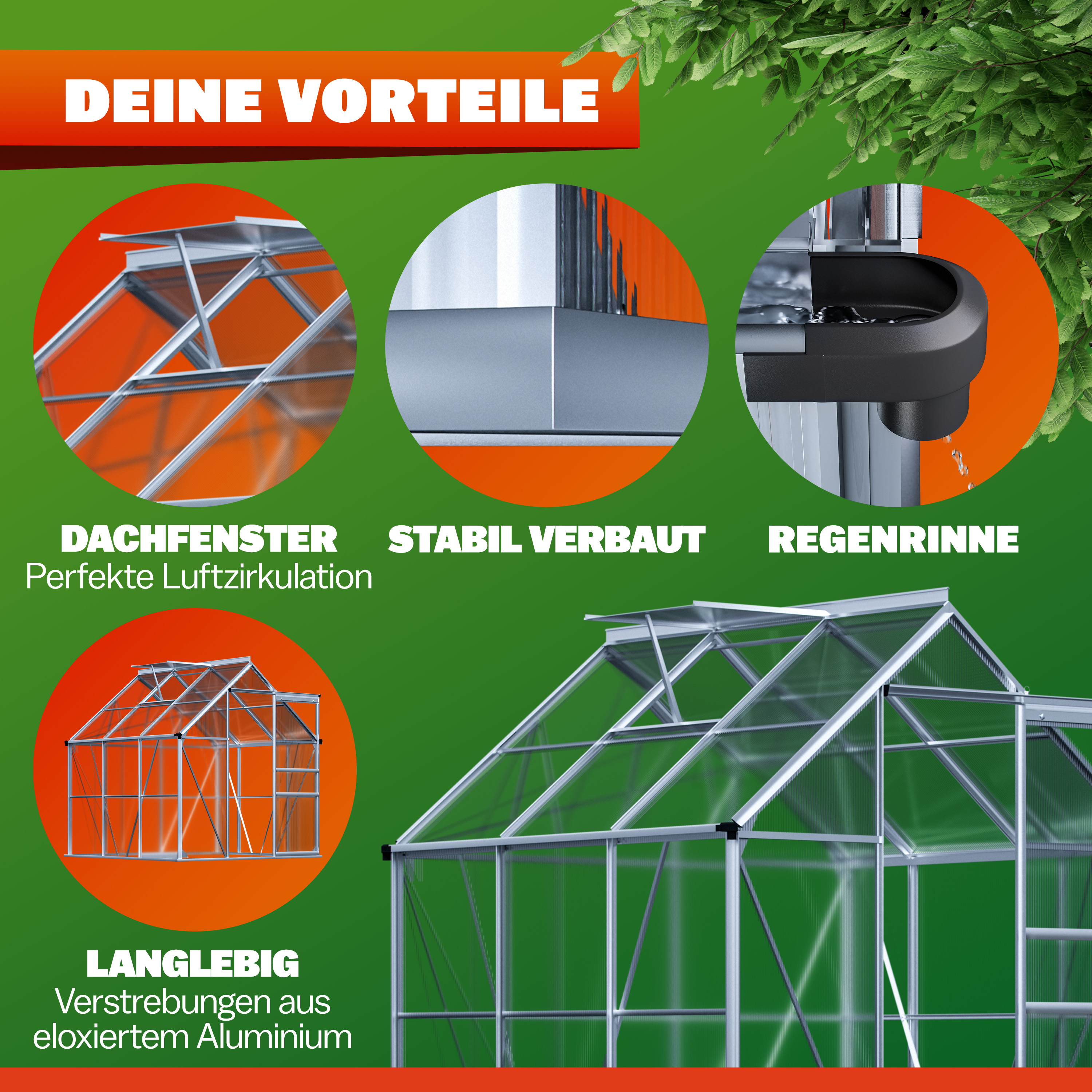 Gardebruk Alu Gewächshaus 190x190x195cm mit Dachfenster – Bild 3