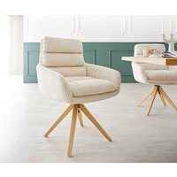 Esszimmerstuhl Abelia-Flex mit Armlehnen Cord Beige Holzgestell kantig Natur 360 drehbar