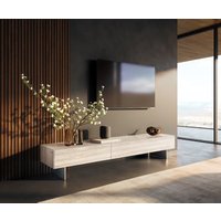 Lowboard Cuor 200 cm Keramik Laminam Travertino Bianco Creme-Weiß 1 Klappe 1 Schubfach Fuß Schwebeoptik Edelstahl