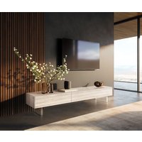 Lowboard Cuor 200 cm Keramik Laminam Travertino Bianco Creme-Weiß 1 Klappe 1 Schubfach Fuß Schwebeoptik Acrylglas – Bild 2