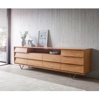 Sideboard Eloi 240x40 cm Akazie Natur 2 Türen 6 Schubladen V-Fuß Edelstahl