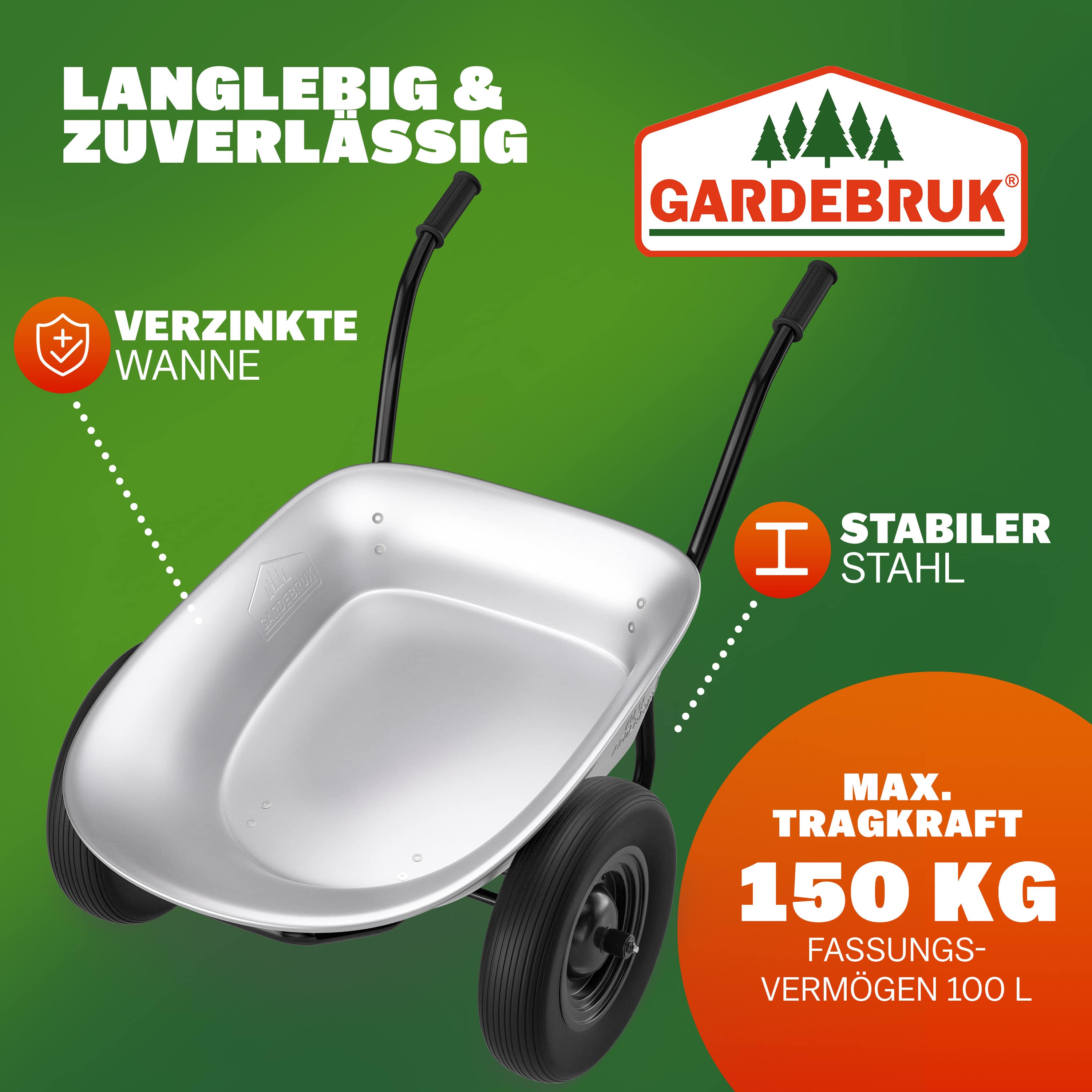 Gardebruk Schubkarre mit 2 Rädern verzinkt Luftbereifung 150kg Tragkraft 100L – Bild 3