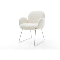 Esszimmerstuhl Nube-Flex mit Armlehnen Bouclé Soft Beige Kufengestell Edelstahl Taschenfederkern