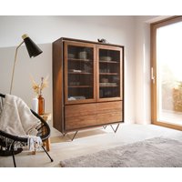 Vitrine Stonegrace 120x150 cm Akazie Braun Steinfurnier 2 Türen 4 Schubladen V-Fuß Schwarz