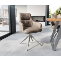 Esszimmerstuhl Zelia-Flex mit Armlehnen Mikrofaser Taupe Vintage Kreuzgestell breit Edelstahl Taschenfederkern