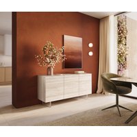 Sideboard Cuor 150 cm Keramik Laminam Travertino Bianco Creme-Weiß 3 Türen Fuß Schwebeoptik Acrylglas – Bild 2