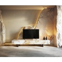 Lowboard Cuor 200 cm Keramik Minas Melange Weiß-Beige 1 Klappe 1 Schubfach Fuß Schwebeoptik Edelstahl