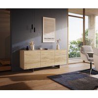 Sideboard Cuor 180 cm Keramik Laminam Sabbia Eichefarbig 2 Türen 3 Schubfächer Fuß Schwebeoptik Edelstahl