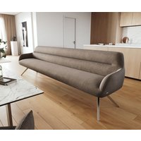 Esszimmerbank Taya-Flex 300 cm Strukturstoff Soft Taupe Kreuzgestell kantig Edelstahl Taschenfederkern