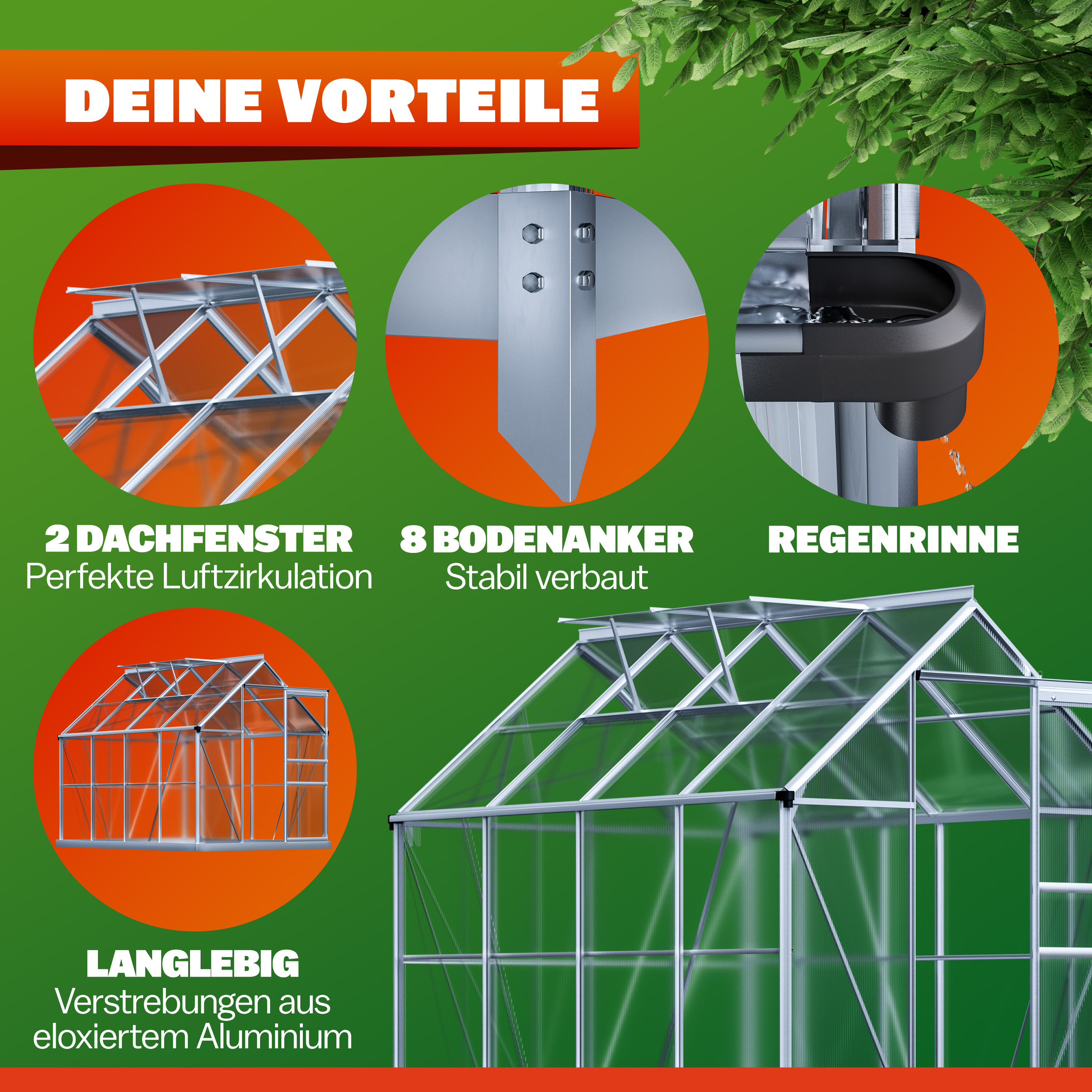 Gardebruk Alu Gewächshaus 250x190x195cm mit Fundament – Bild 3