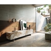 Lowboard Cuor 220 cm Keramik Minas Melange Weiß-Beige 1 Klappe 2 Schubfächer Fuß Schwebeoptik Edelstahl